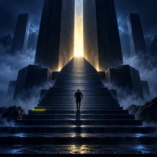 Become Elite cover: a figure climbing a lit staircase