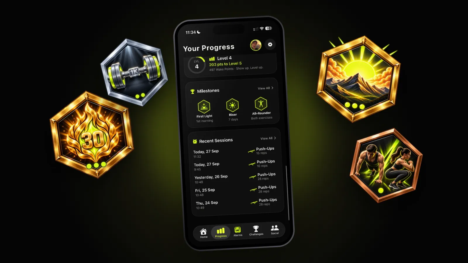 The Progress tab with the First Light, Riser and All-Rounder milestones, surrounded by trophy art