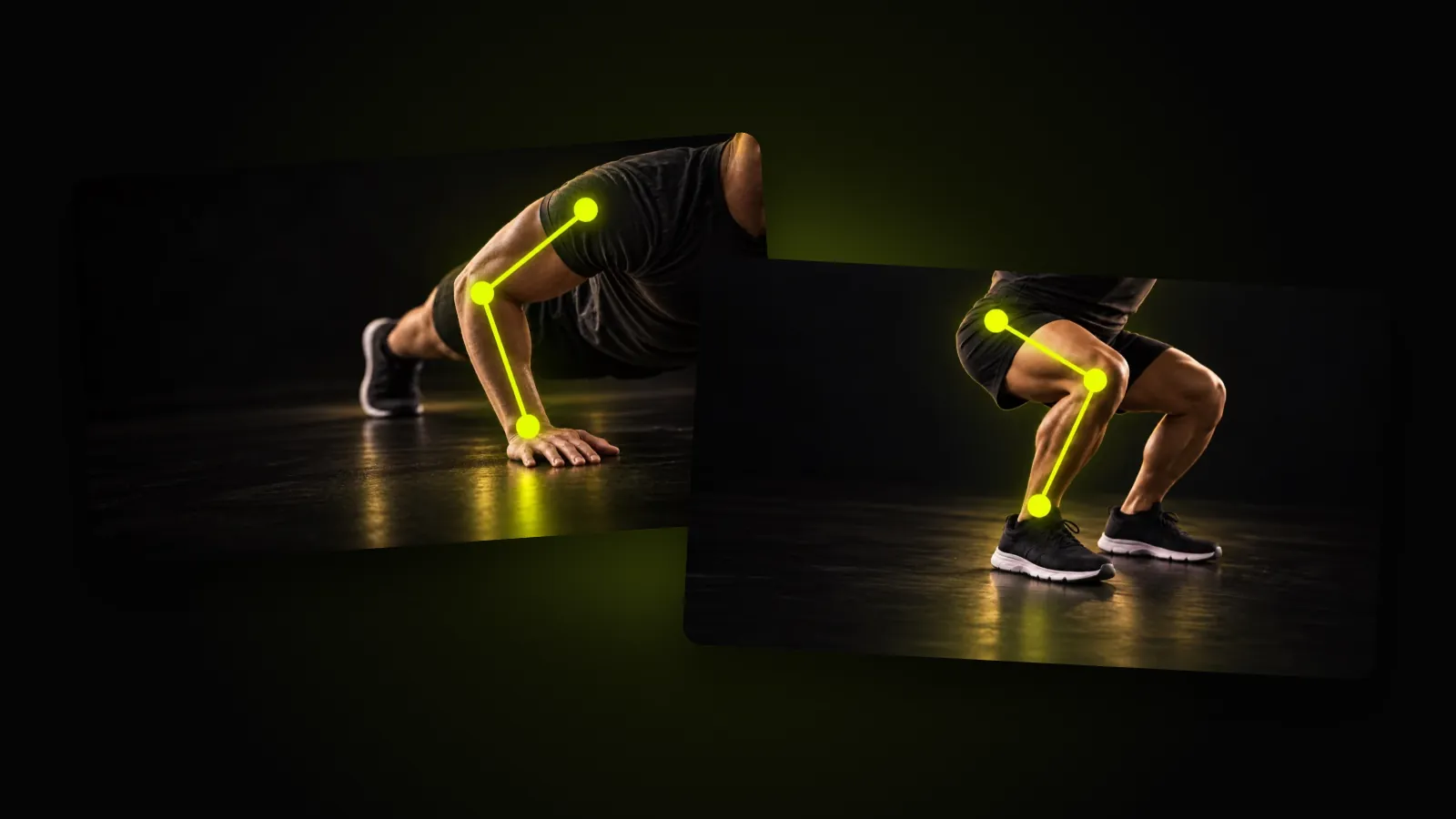 A push-up and a squat with the tracked joints drawn in lime