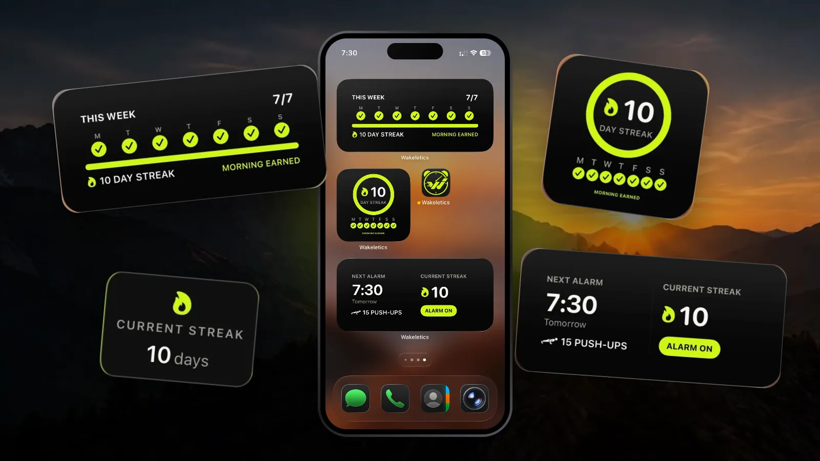A Home Screen with the Wakeletics This Week, Streak and Next Alarm widgets, with the widgets floating around it