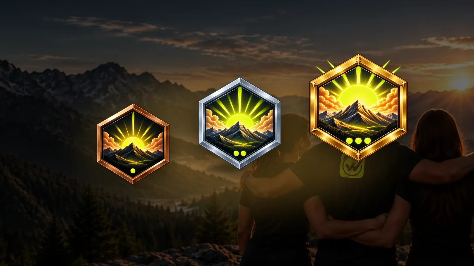 The Mornings badge in bronze, silver and gold in front of friends at sunrise