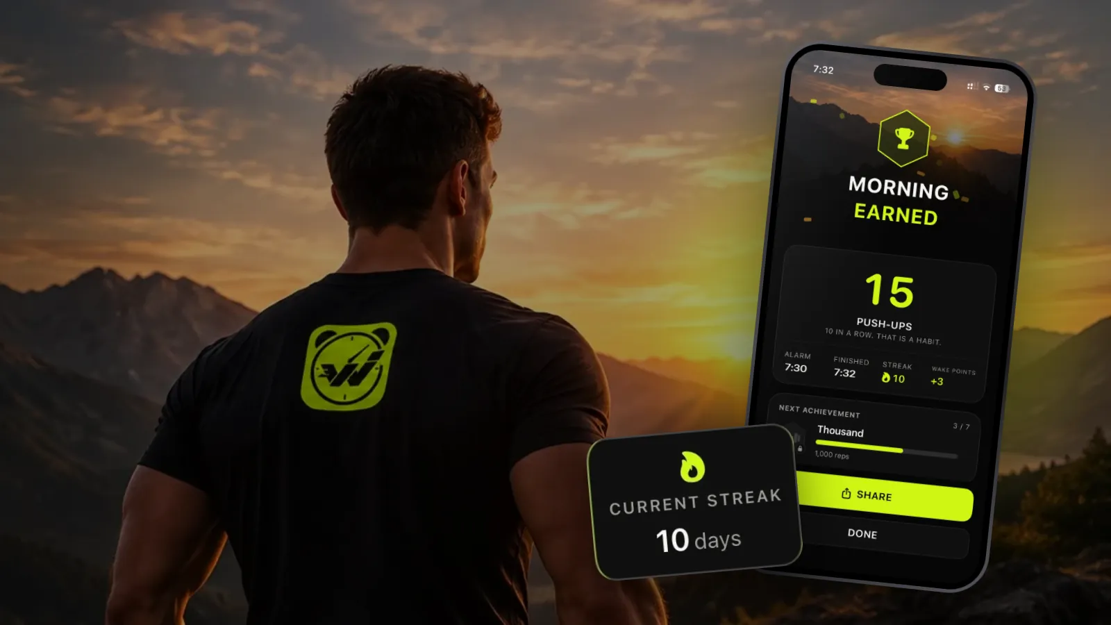 A man on a ridge at sunrise, and the Morning Earned screen in Wakeletics