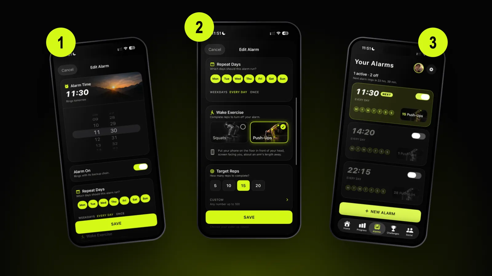 Three Wakeletics screens in order: the alarm time, the wake exercise, and the alarm list