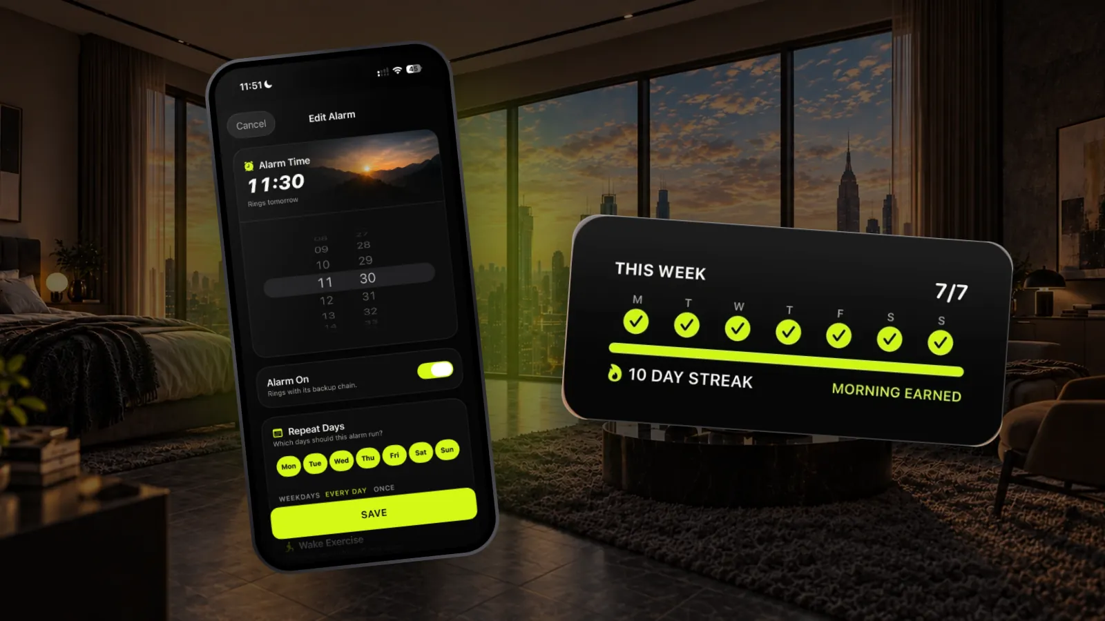 Setting a Wakeletics alarm in a dark bedroom, and the week widget with all seven days ticked