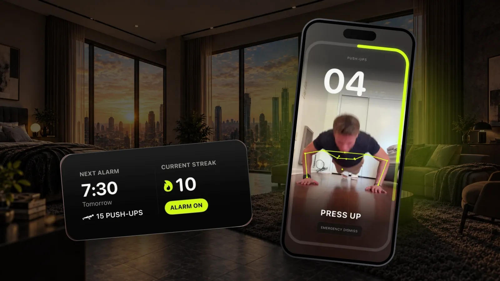 A dark bedroom at sunrise, the Next Alarm widget, and a phone counting push-ups