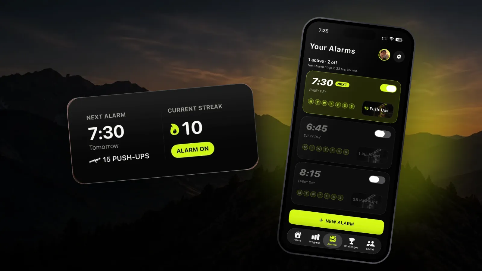 The Wakeletics alarm list and next-alarm widget over a mountain sunrise