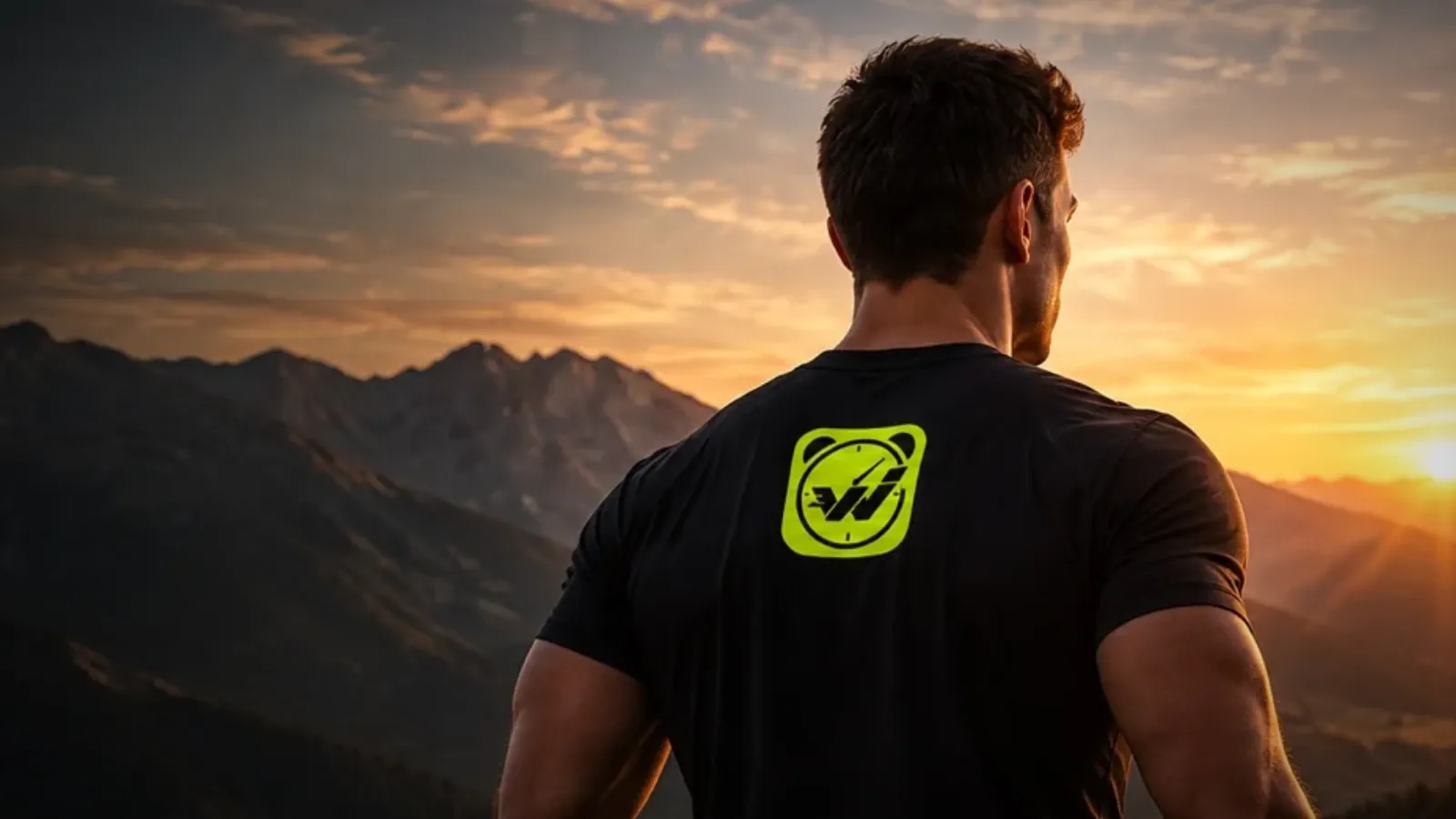A man in a Wakeletics shirt watching the sun come up over the mountains
