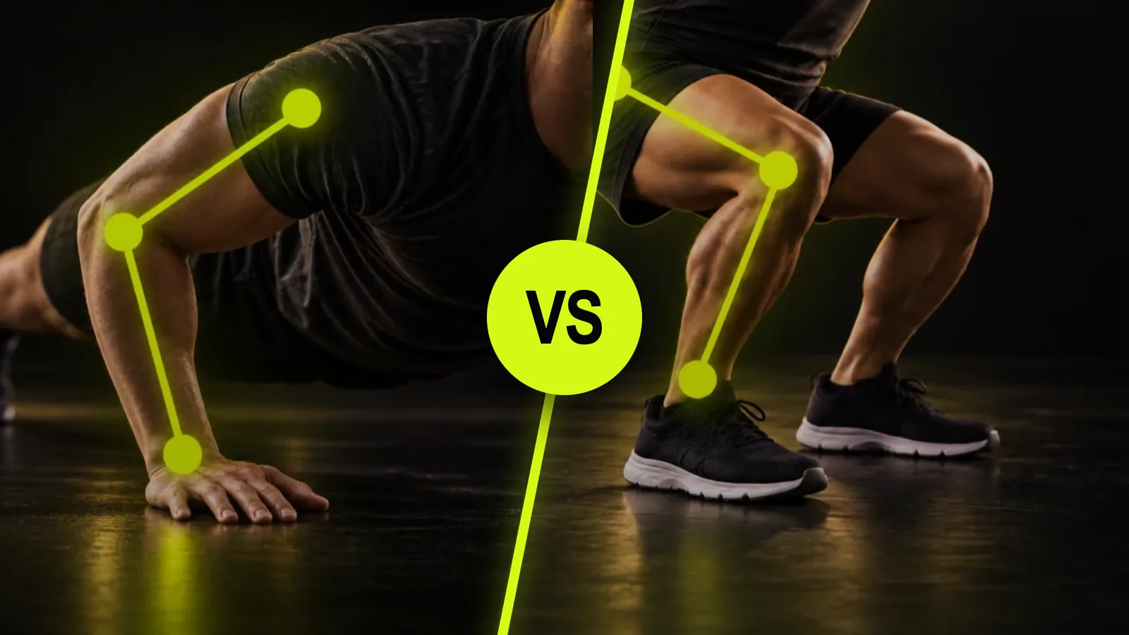 A push-up and a squat side by side, each with the tracked joints drawn in lime