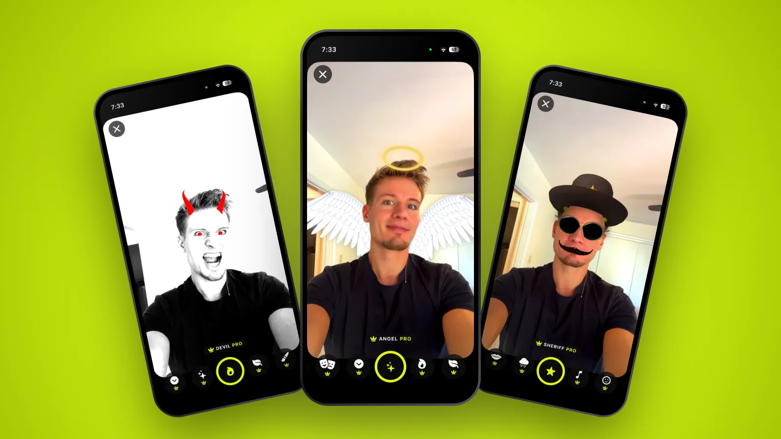 Three Wakeletics selfies with the Devil, Angel and Sheriff lenses on a lime background