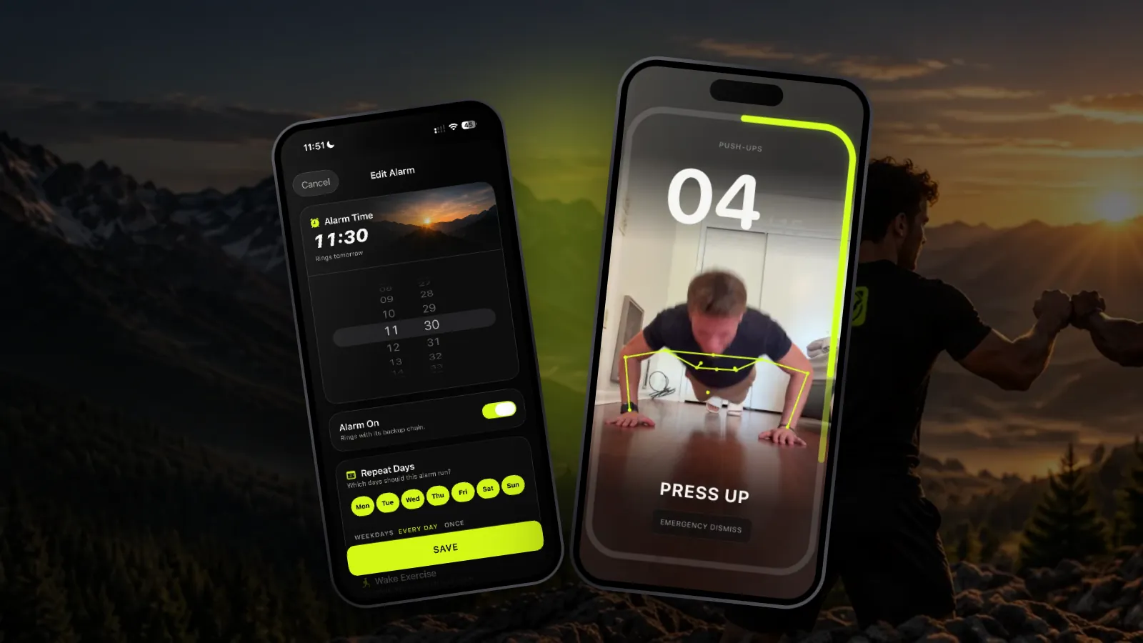 Setting an alarm in Wakeletics, and the camera counting push-ups the next morning