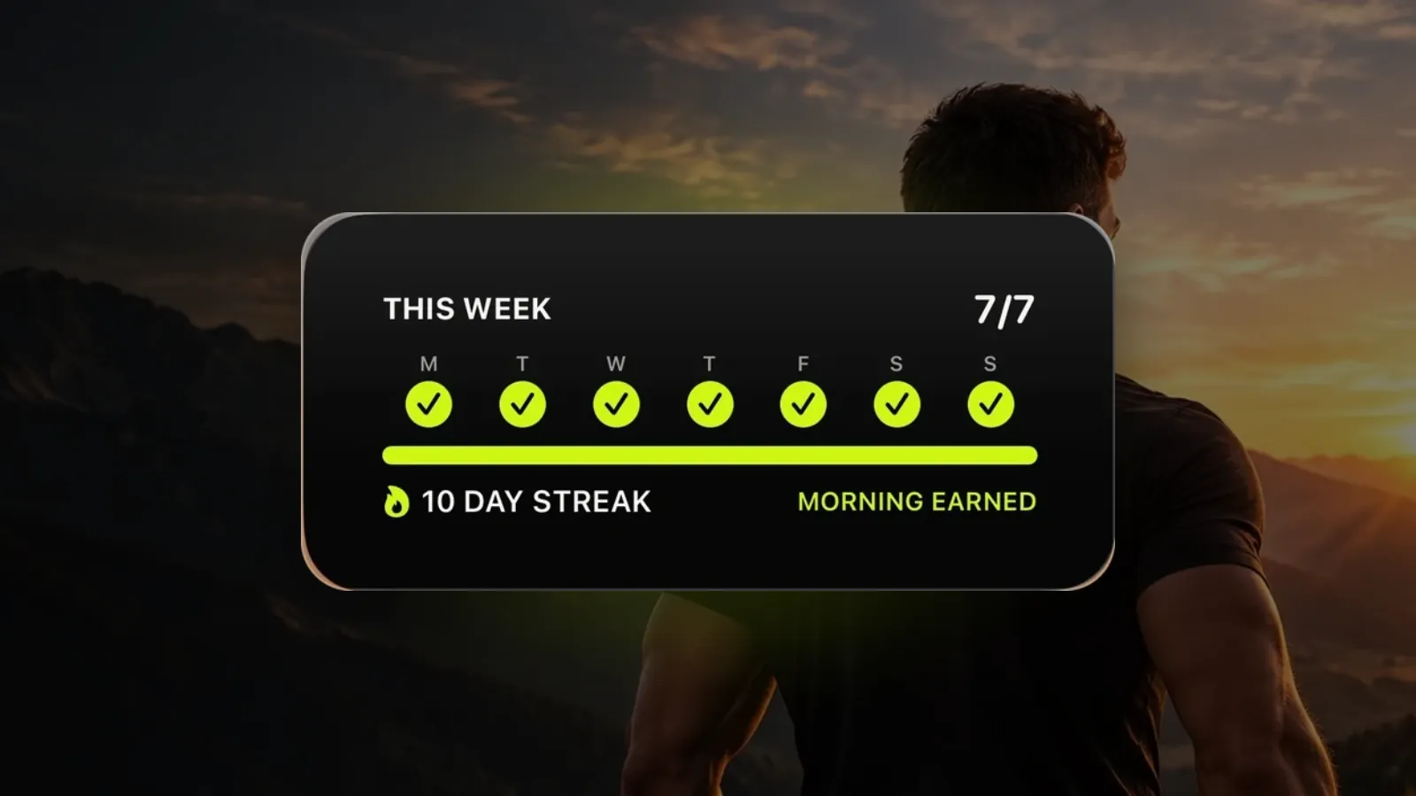 The Wakeletics week widget with all seven days ticked, over a sunrise