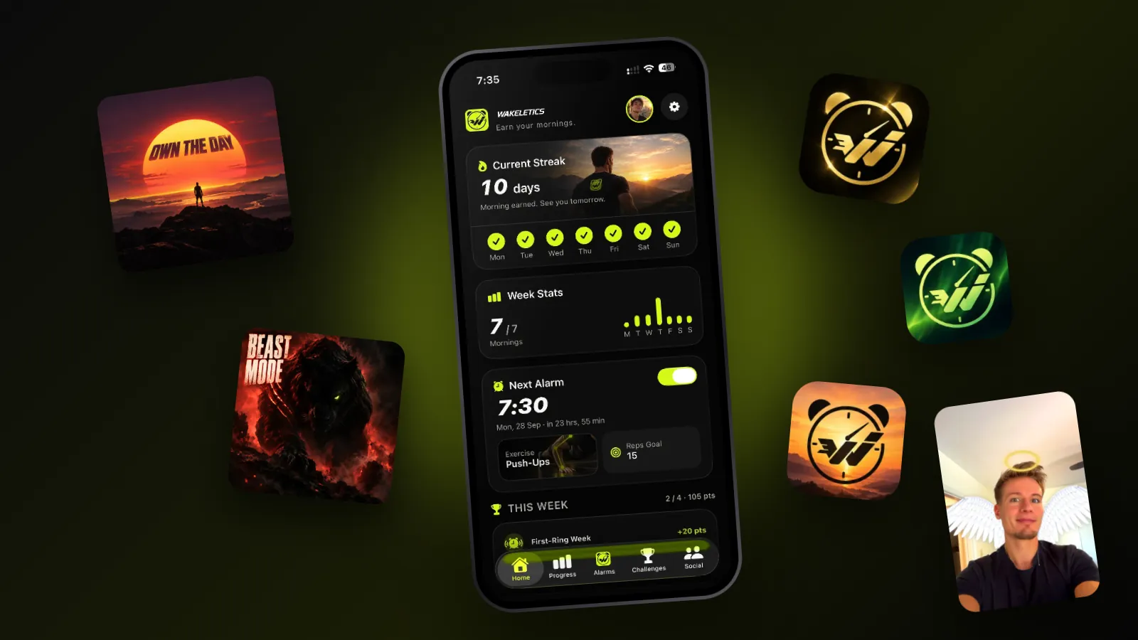 The Wakeletics home screen surrounded by Pro Audio covers, alternative app icons and an Angel lens selfie