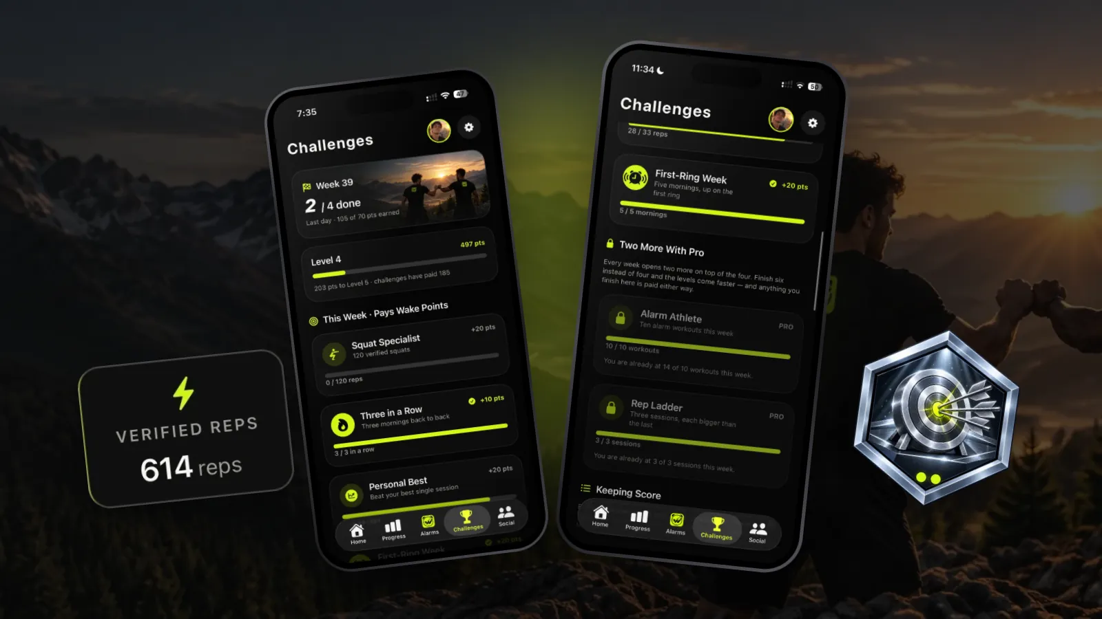 Two Challenges screens: this week's four challenges, and the two more that come with Pro