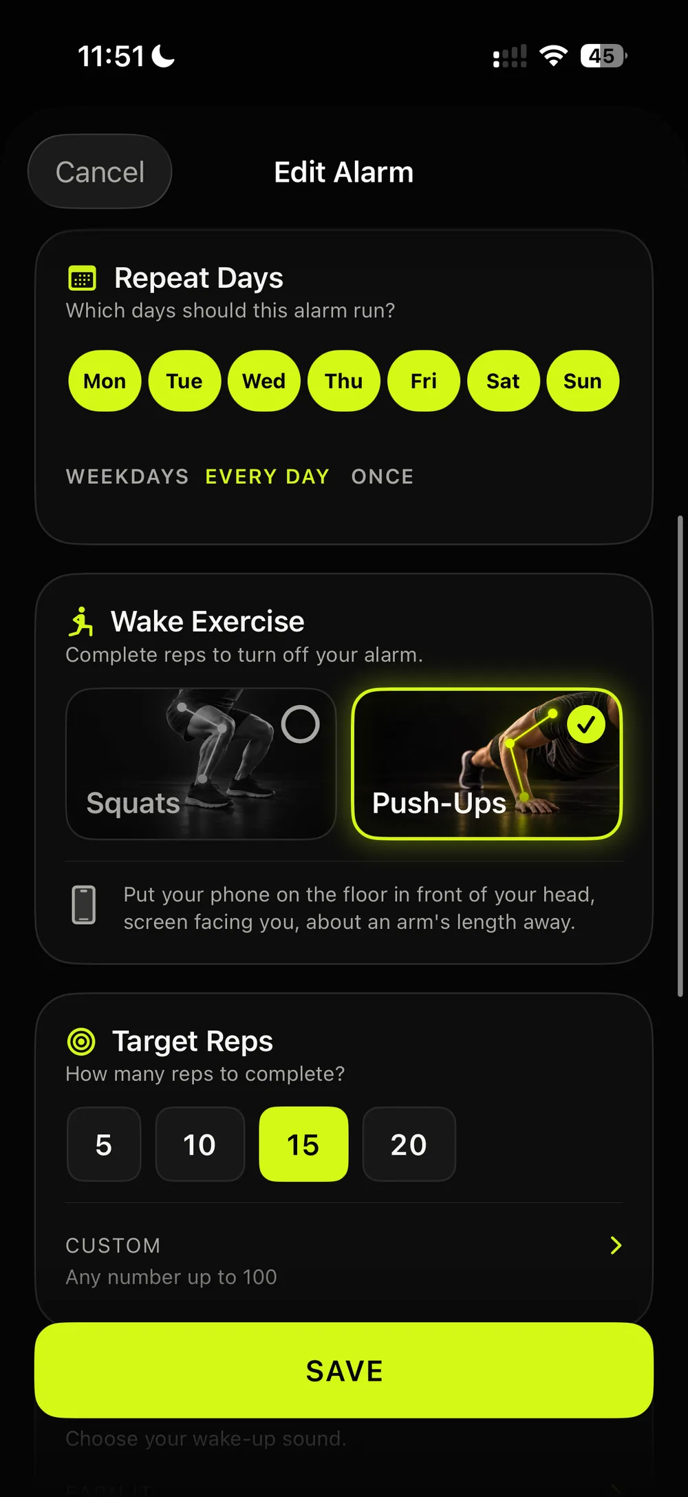 Edit Alarm: Push-Ups chosen, 15 reps, and the phone placement tip