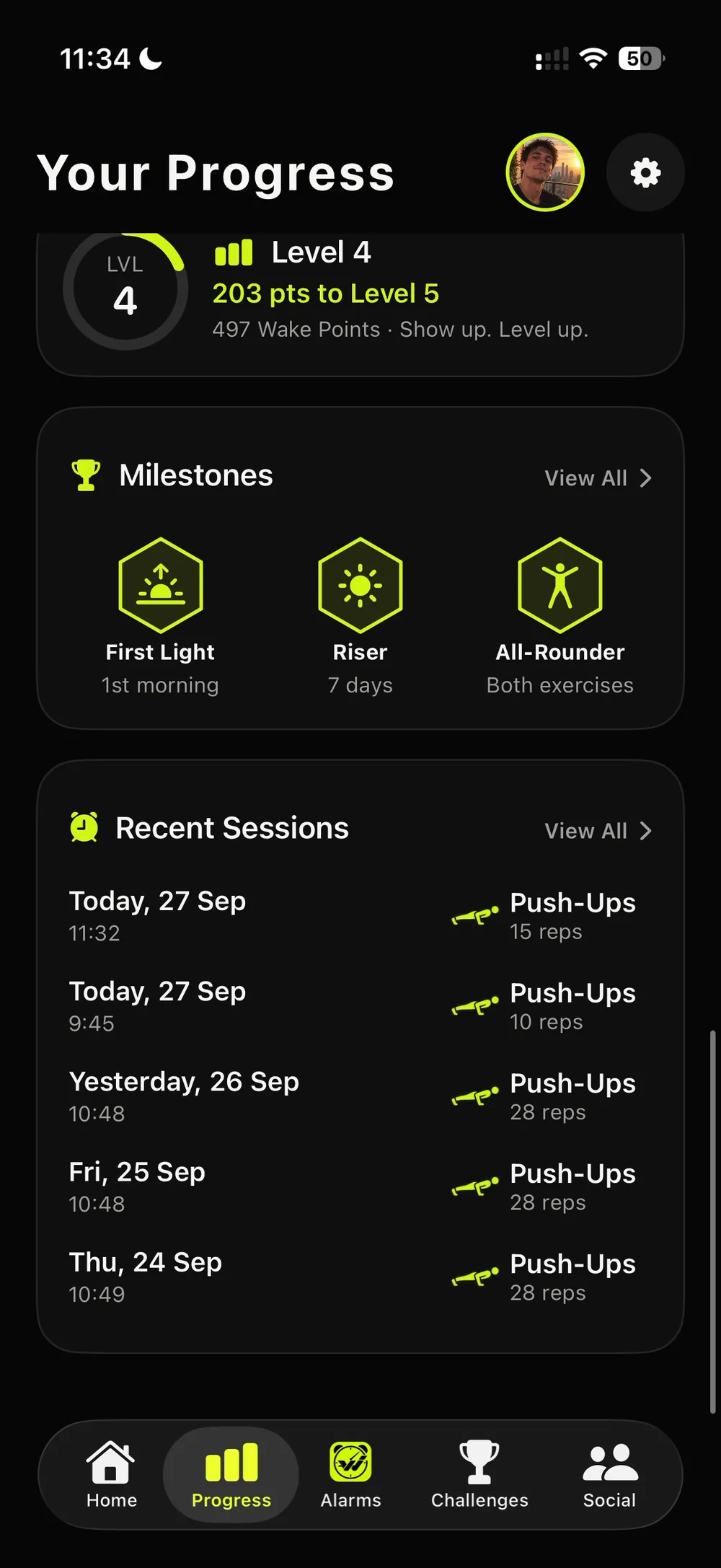 The Progress tab: Level 4 with 203 points to Level 5, and the Milestones card showing First Light, Riser and All-Rounder unlocked