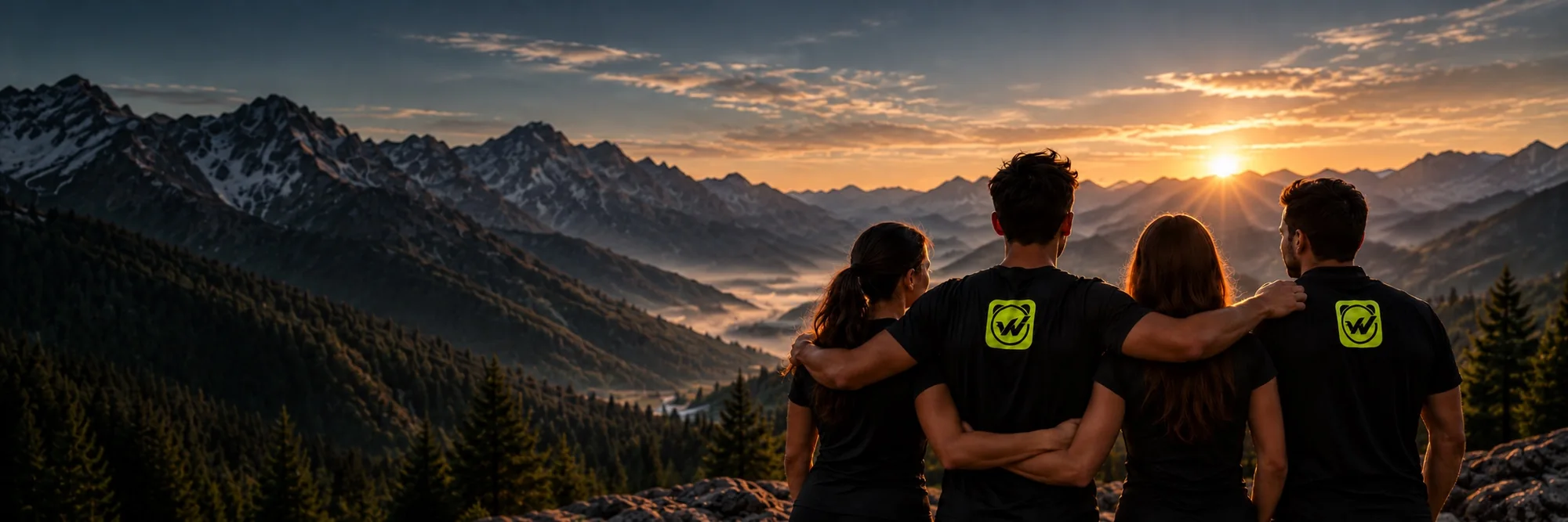 Four friends in Wakeletics shirts watching the sunrise from a mountain ridge