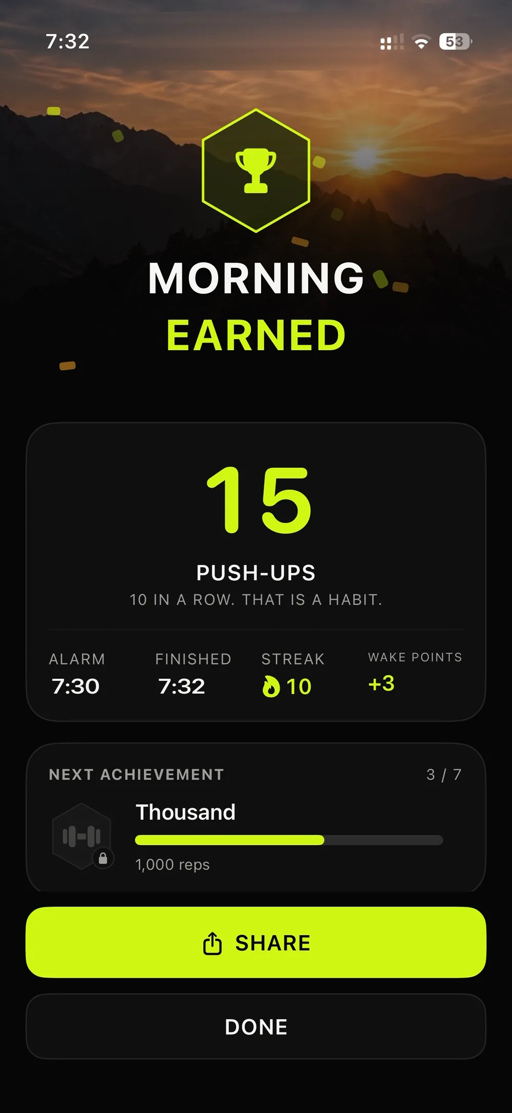 The Morning Earned screen after 15 push-ups