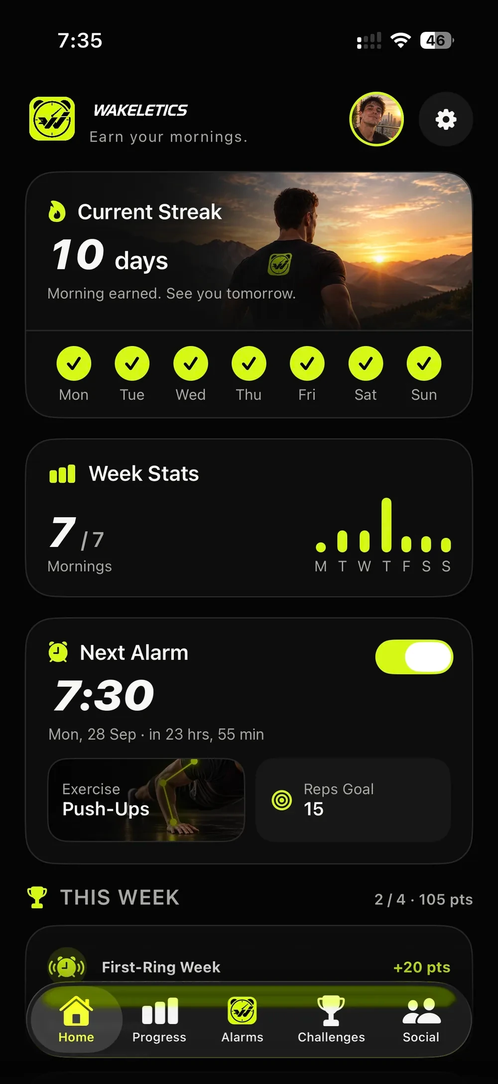 The Wakeletics home screen: a ten-day streak, a full week of earned mornings and the next alarm at 7:30