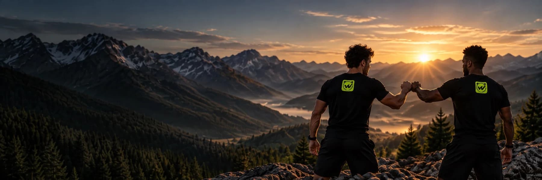 Two people in Wakeletics shirts bumping fists on a mountain at sunrise