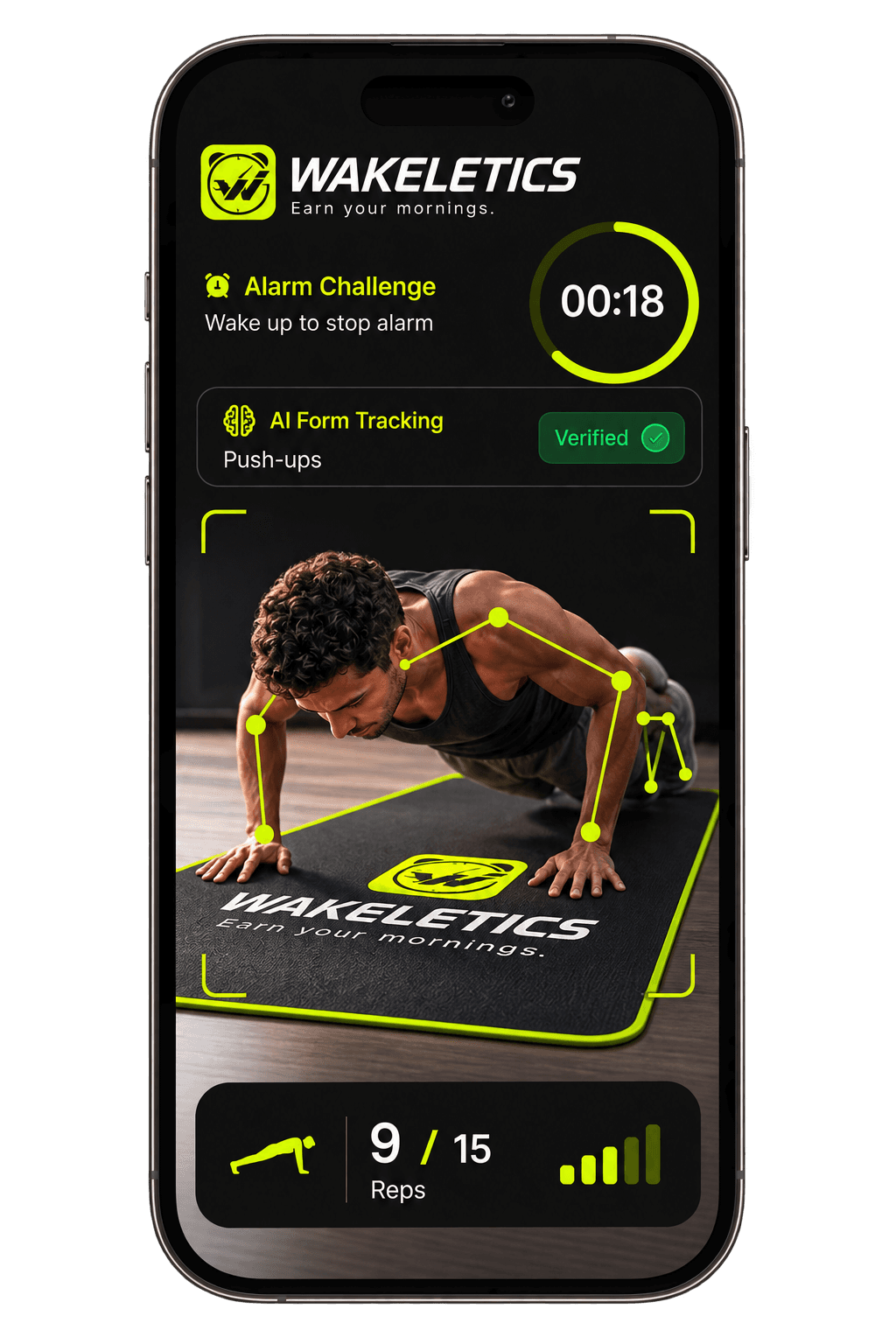 Wakeletics counting push-ups — nine of fifteen reps verified on-device