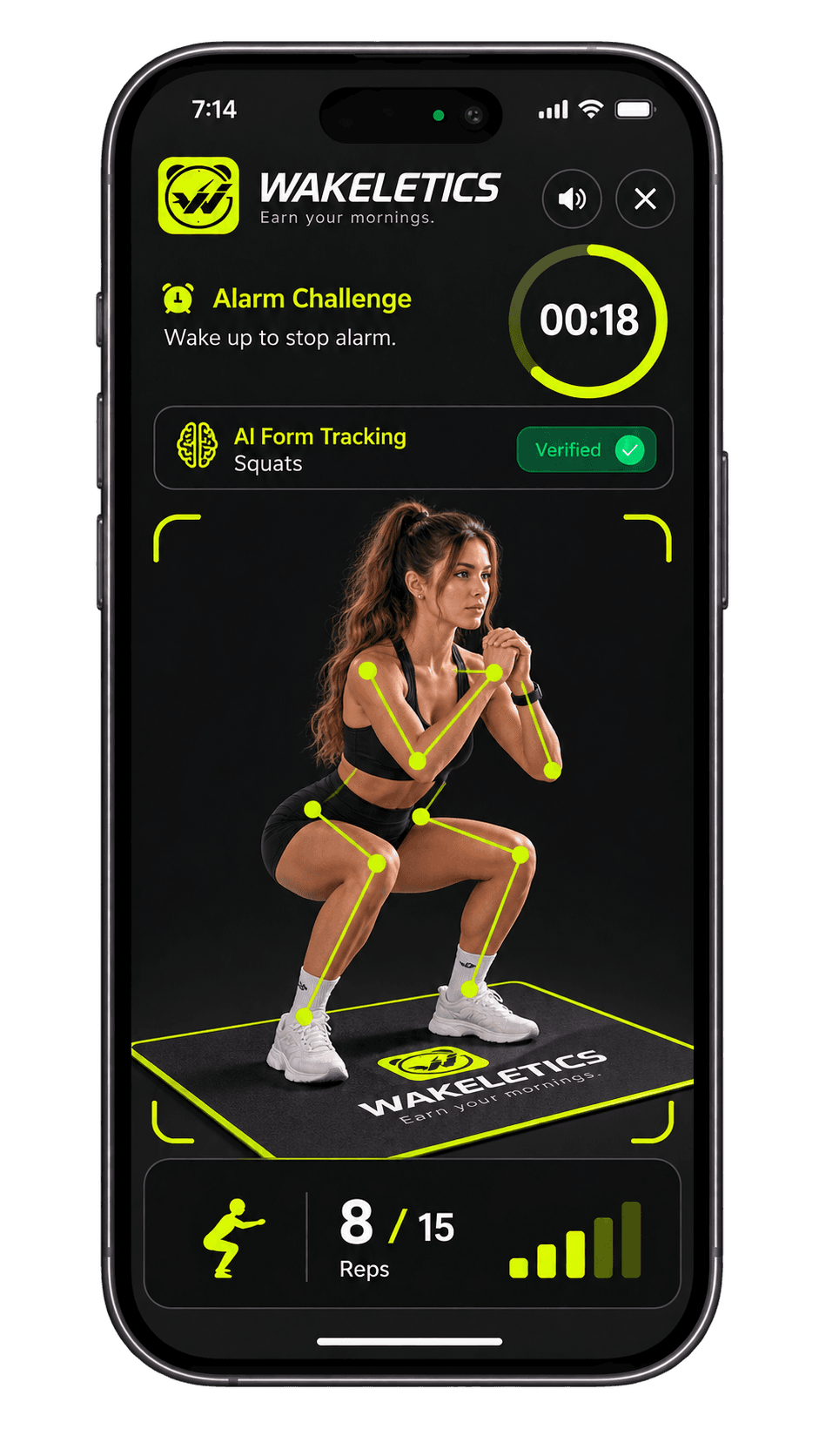 Wakeletics counting squats — eight of fifteen reps verified on-device