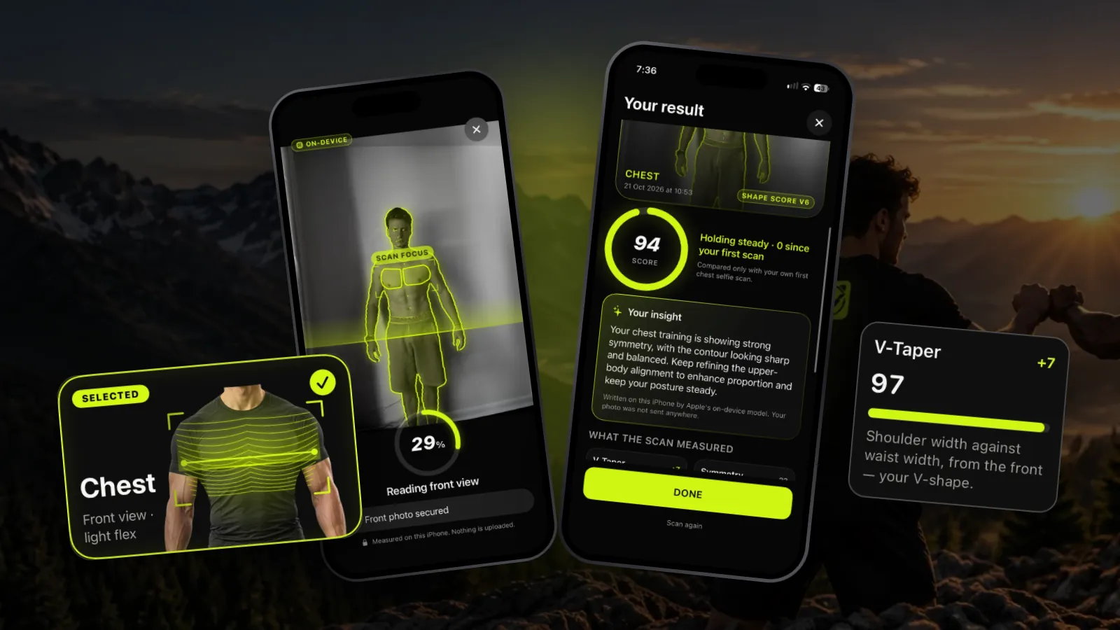Two iPhones showing a Body Scan reading a photo and a Shape Score of 94, with the Chest card and the V-Taper score floating beside them