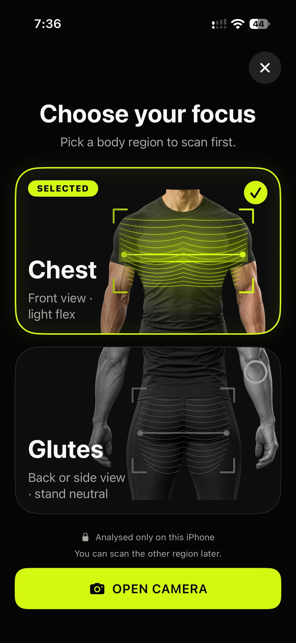 Choose your focus: Chest selected, front view with a light flex, and Glutes below