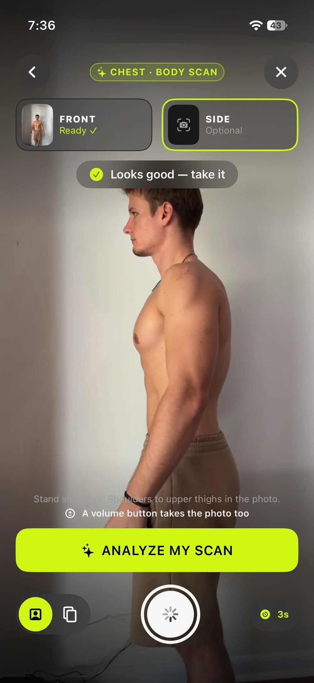 The Body Scan camera with a side photo framed, the front photo marked Ready