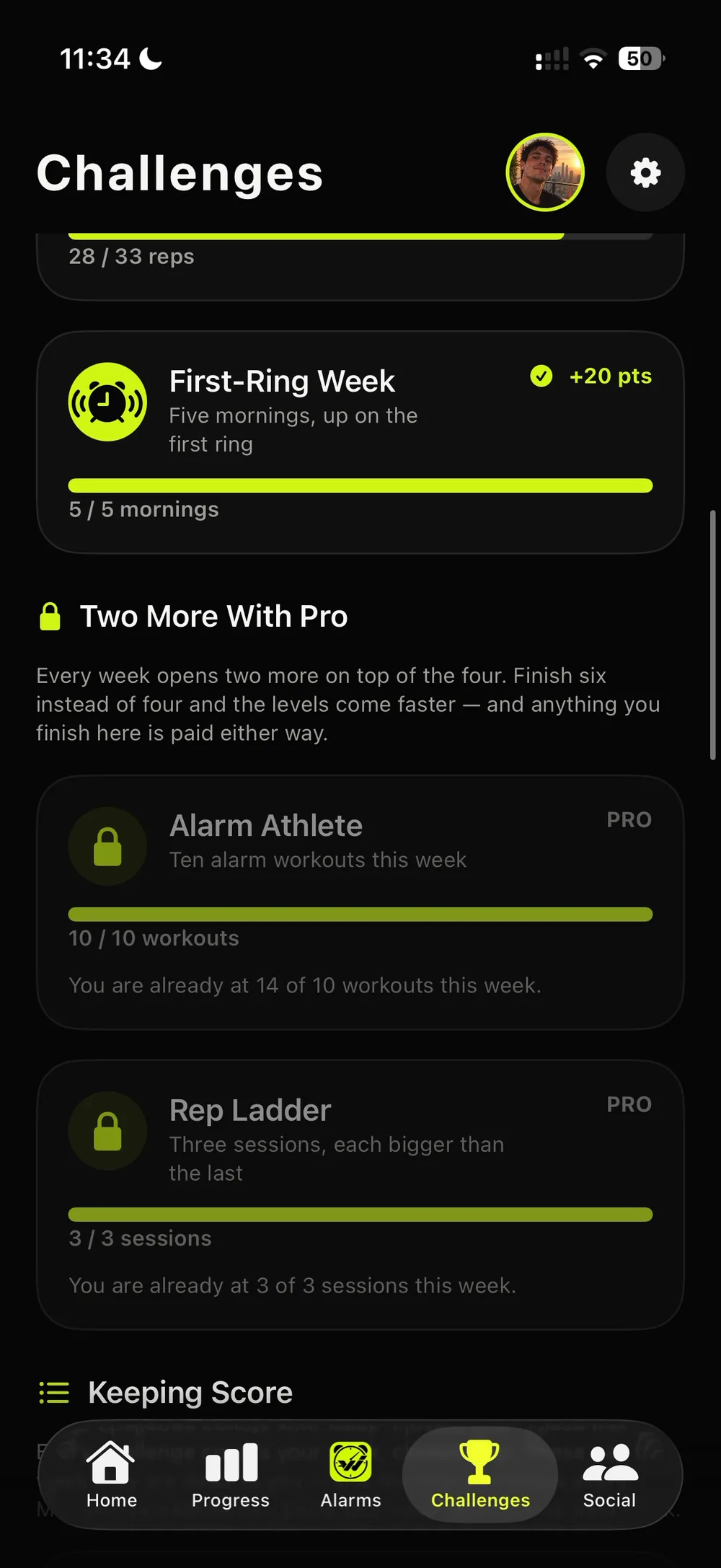 Further down the Challenges tab: First-Ring Week done, and Two More With Pro showing Alarm Athlete and Rep Ladder