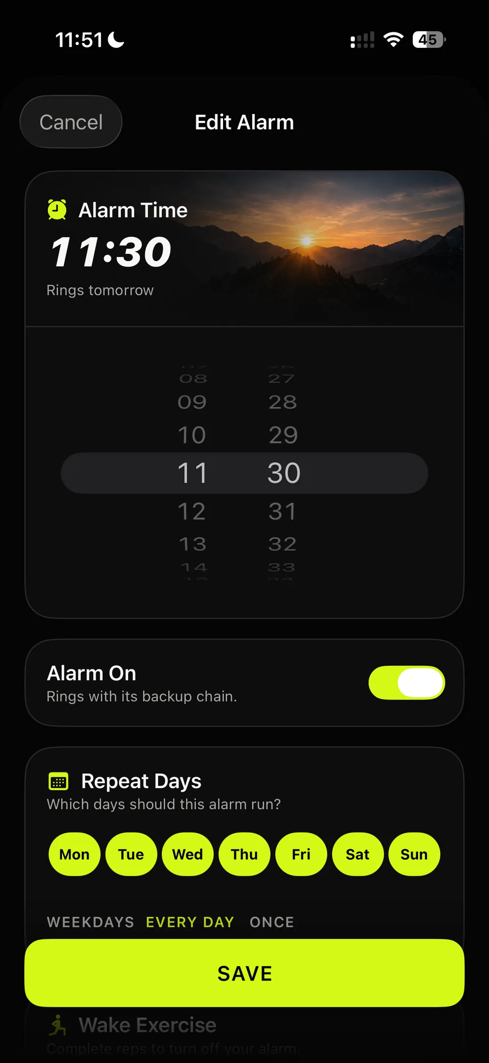 Edit Alarm: the time wheel set to 11:30, Alarm On, and the repeat days