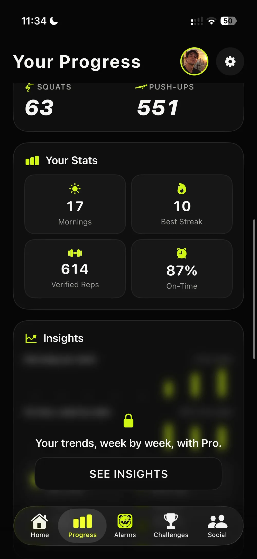 Progress, further down: total reps, your stats, and Insights locked with the line Your trends, week by week, with Pro