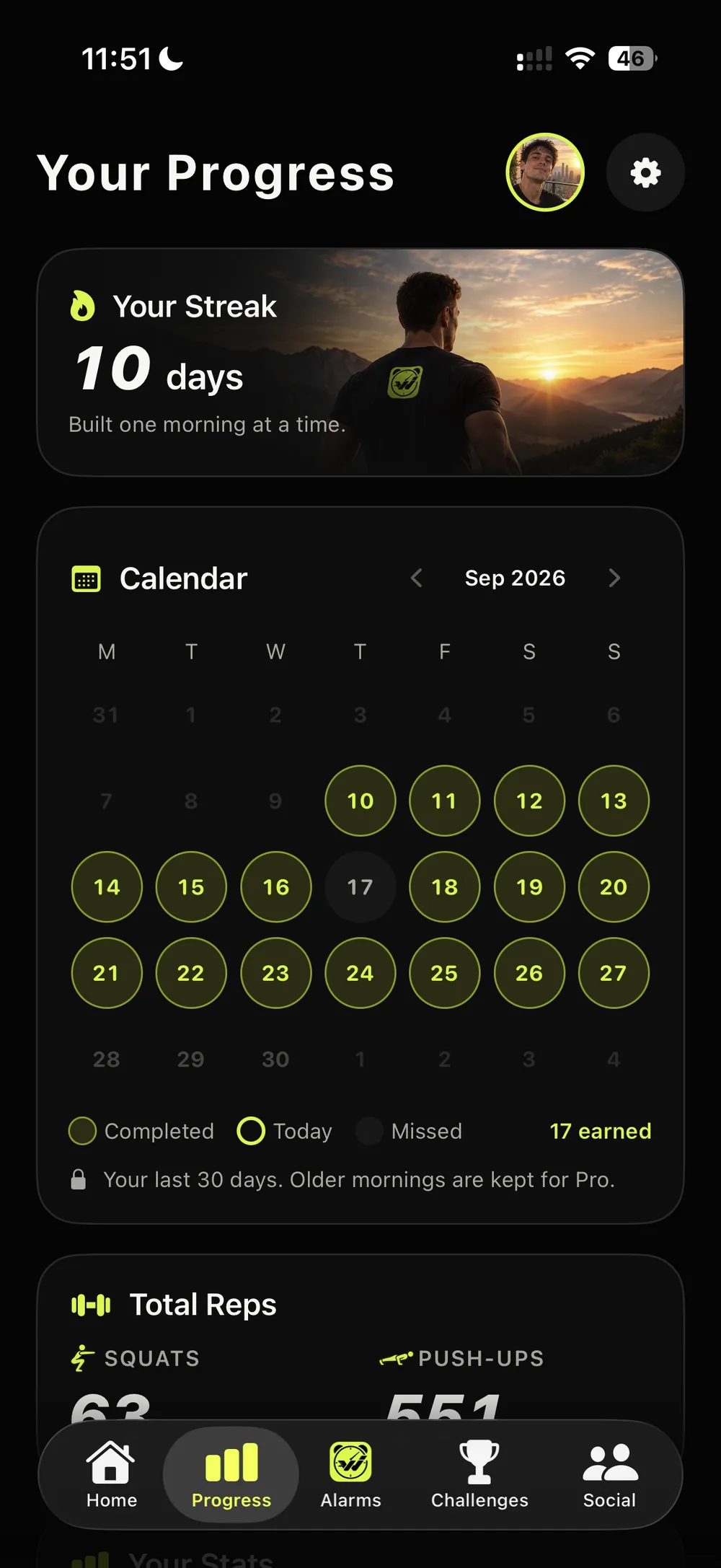 The Progress tab: a ten-day streak and the calendar for September with earned mornings circled