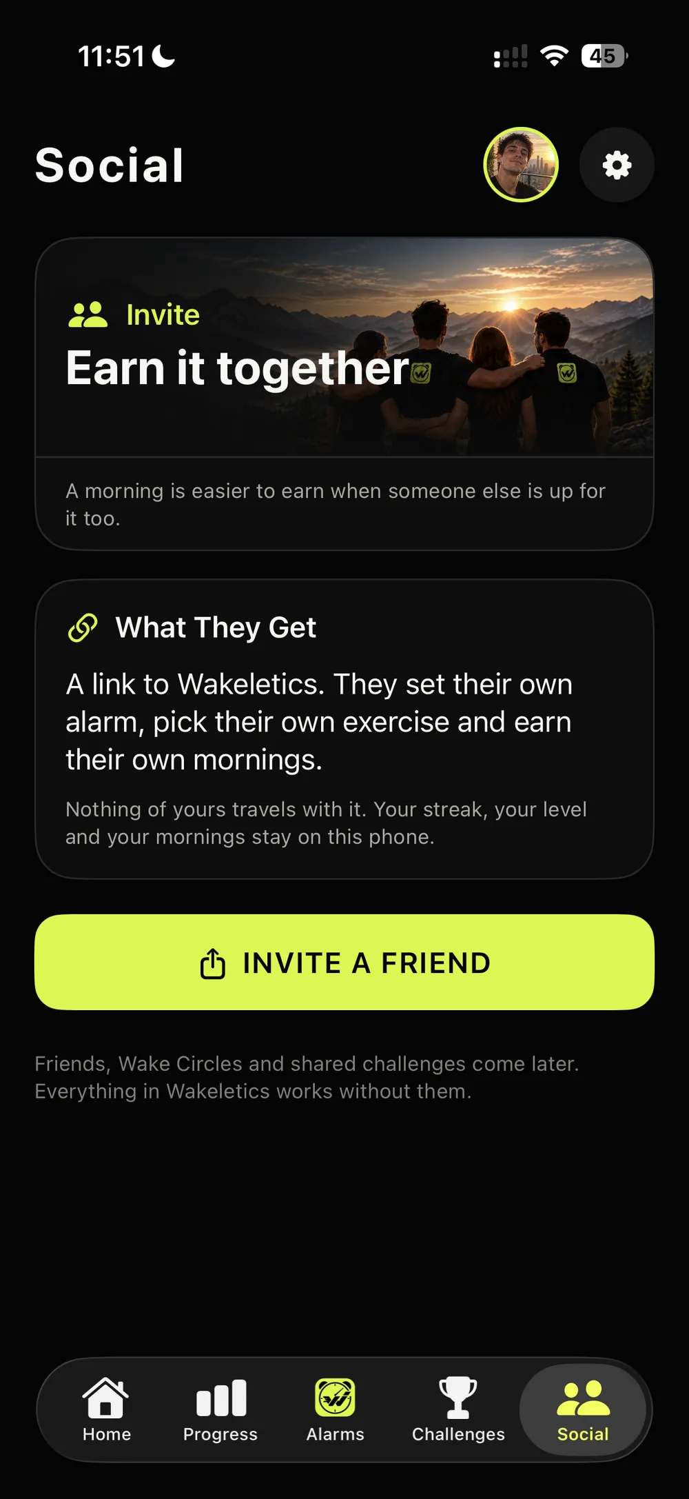 The Social tab: Invite, Earn it together, What they get, and an Invite a Friend button