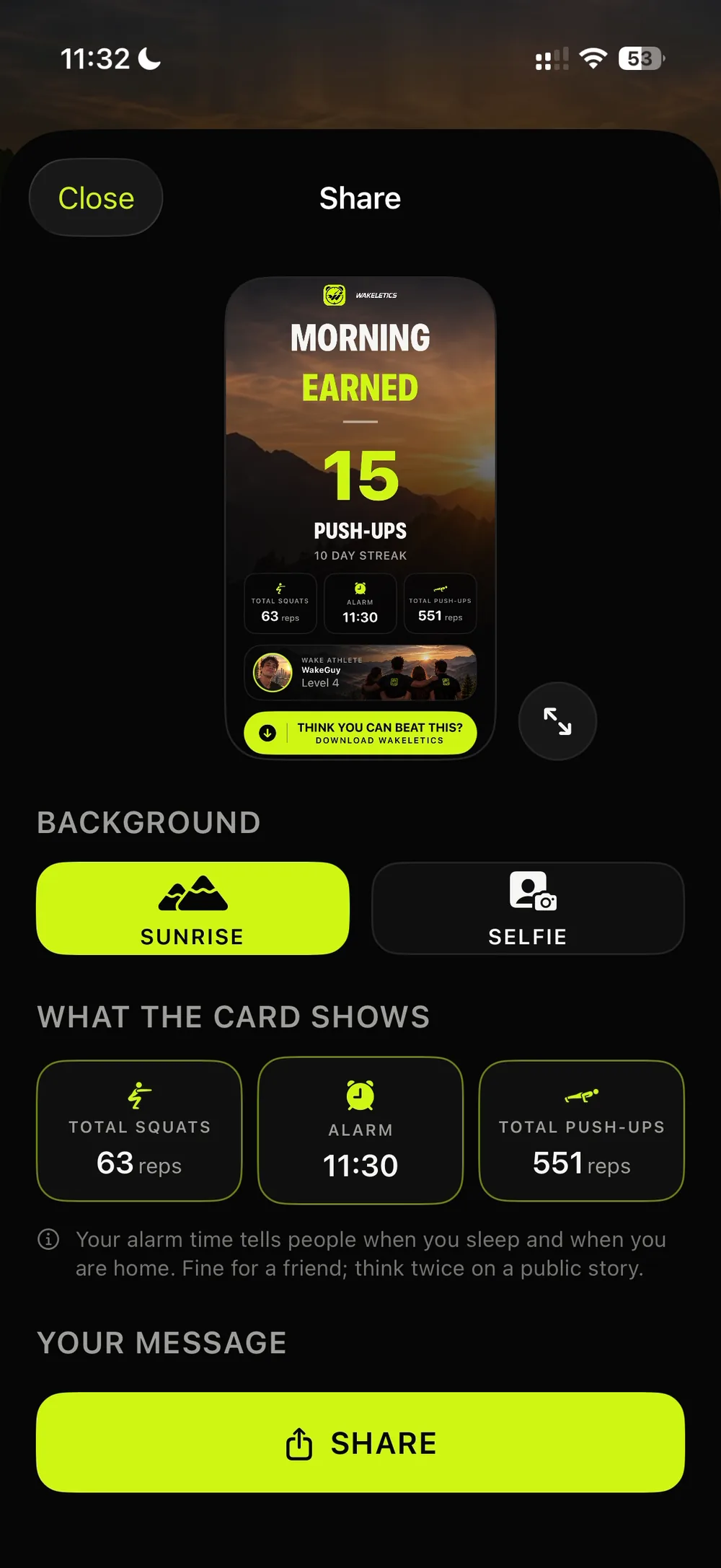 The Share Studio with the Sunrise background: a Morning Earned card with 15 push-ups, and the stats it shows