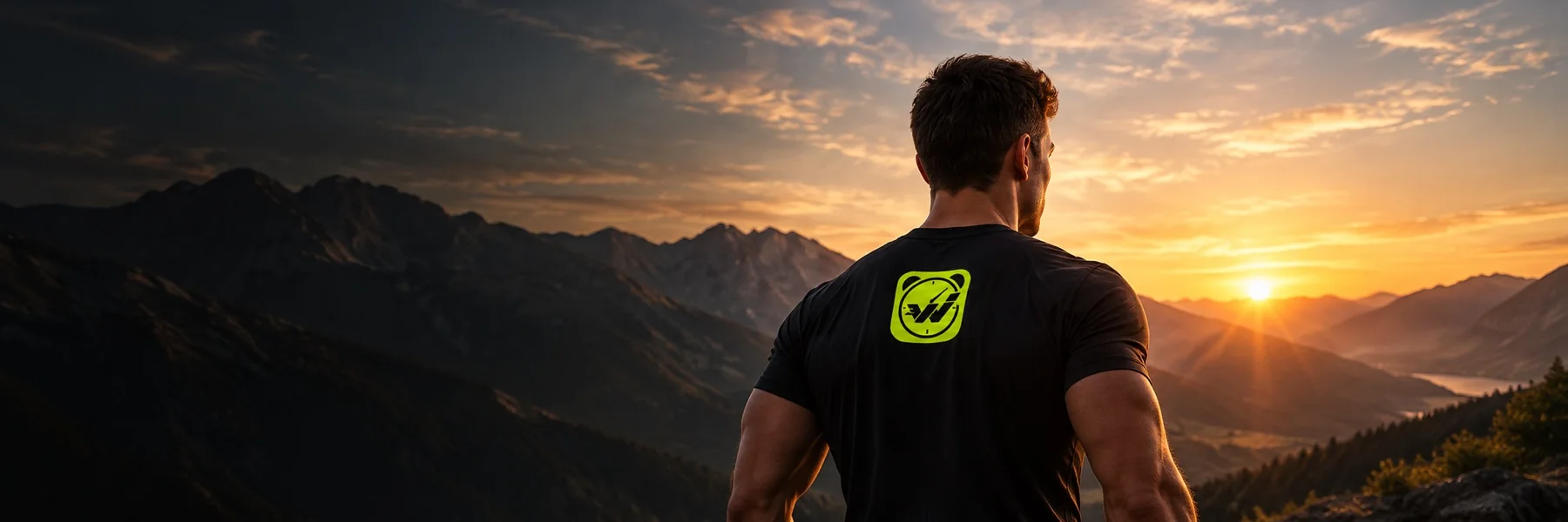 A man in a Wakeletics shirt watching the sun rise over the mountains
