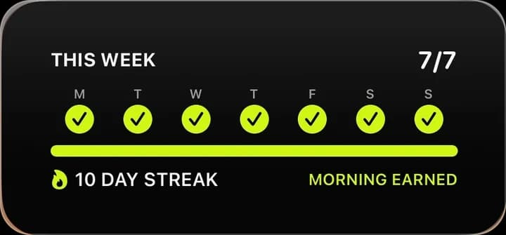 The This Week widget: all seven days ticked, seven of seven, a ten-day streak, Morning Earned