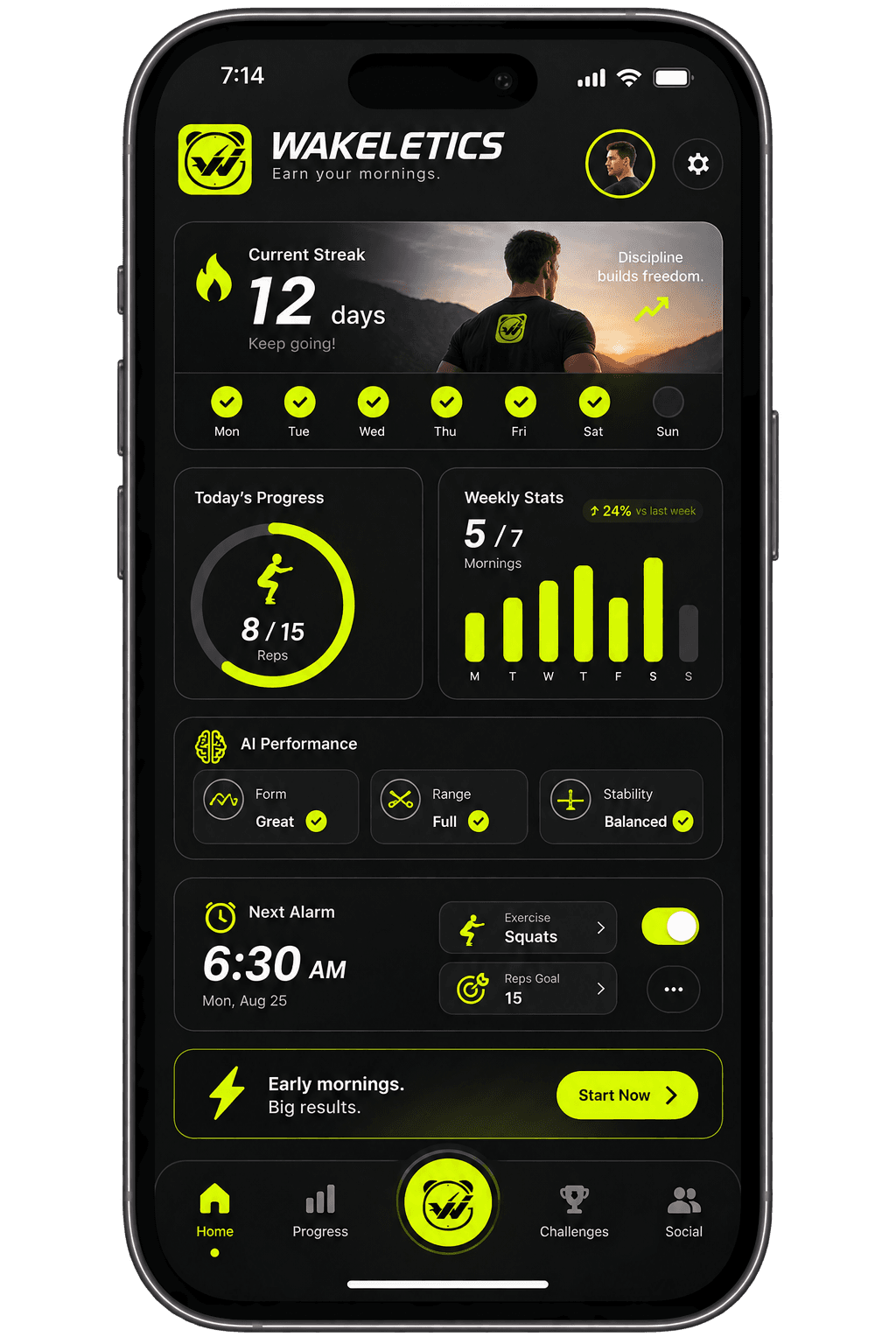Wakeletics dashboard showing a twelve-day streak, weekly stats and the next alarm