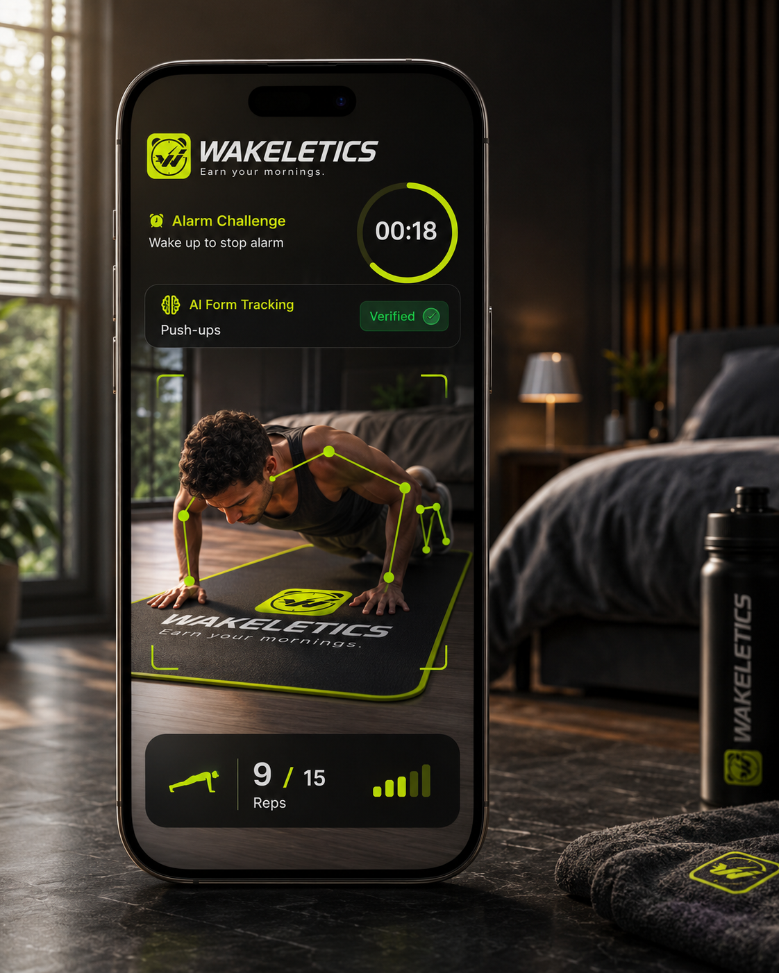 An iPhone propped on a bedroom floor, counting push-up reps with an on-device pose overlay